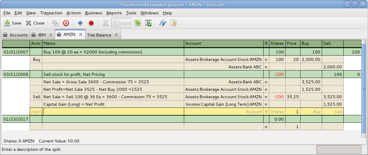 Selling Shares for Gain using Net Pricing in Transaction Journal View