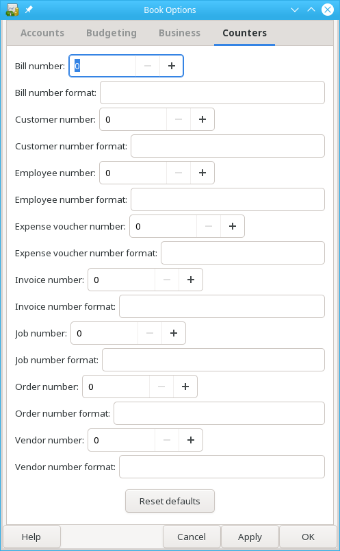 The Book Options window, Counters tab