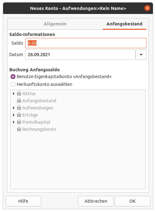 Neues Konto erstellen, Reiter Anfangsbestand