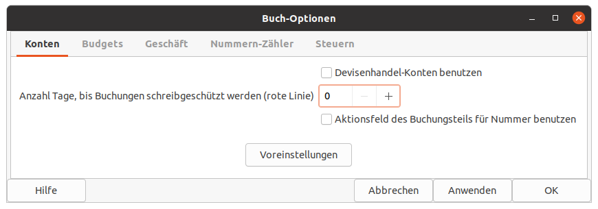 Der Reiter „Konten“ im Fenster der Buch-Optionen