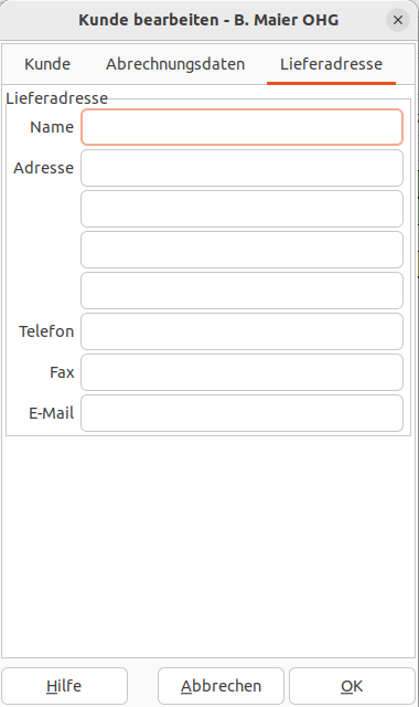 Datenfelder im Dialog auf dem Reiter Lieferadresse