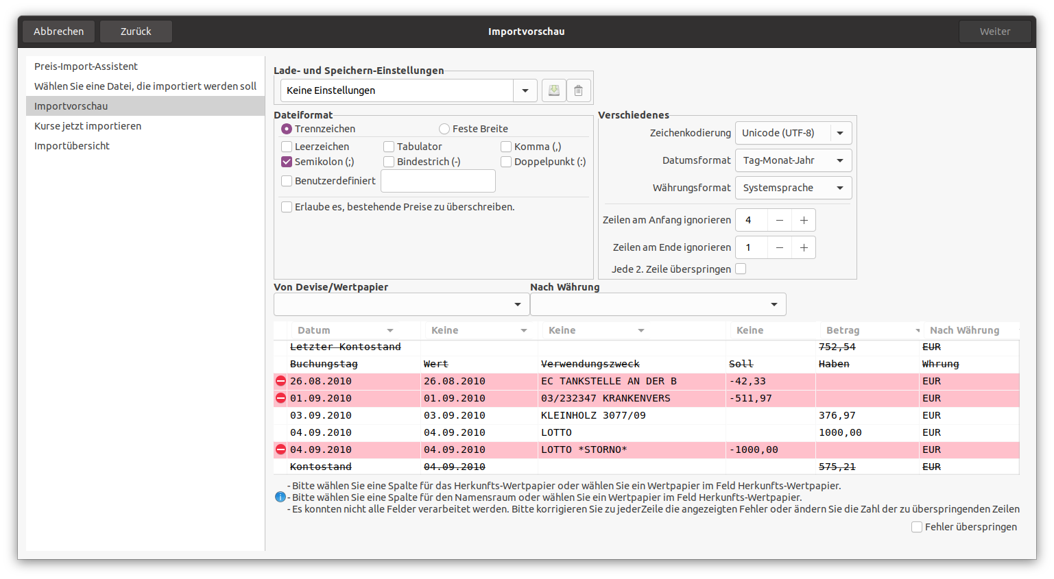 Der CSV Import Vorschau Bereich