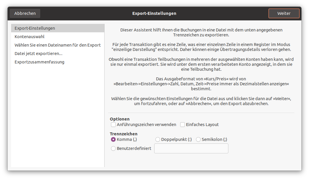 Assistent für den Export von Buchungen