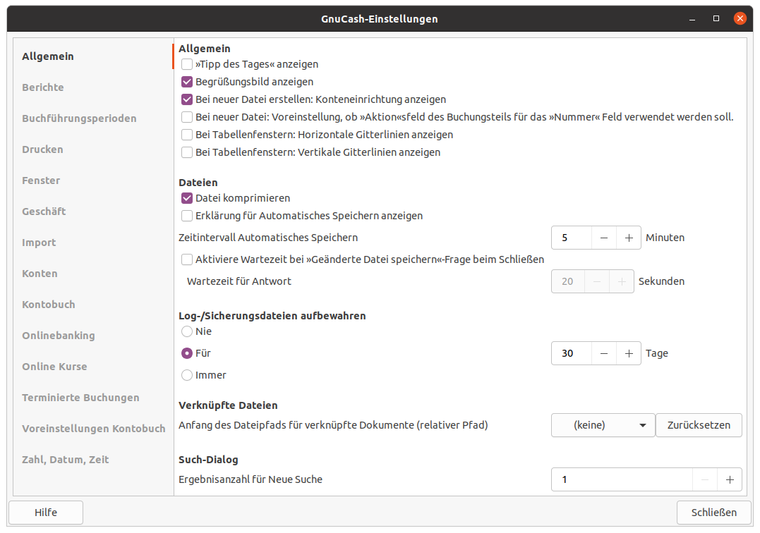 Die GnuCash-Einstellungen für alles Allgemeine