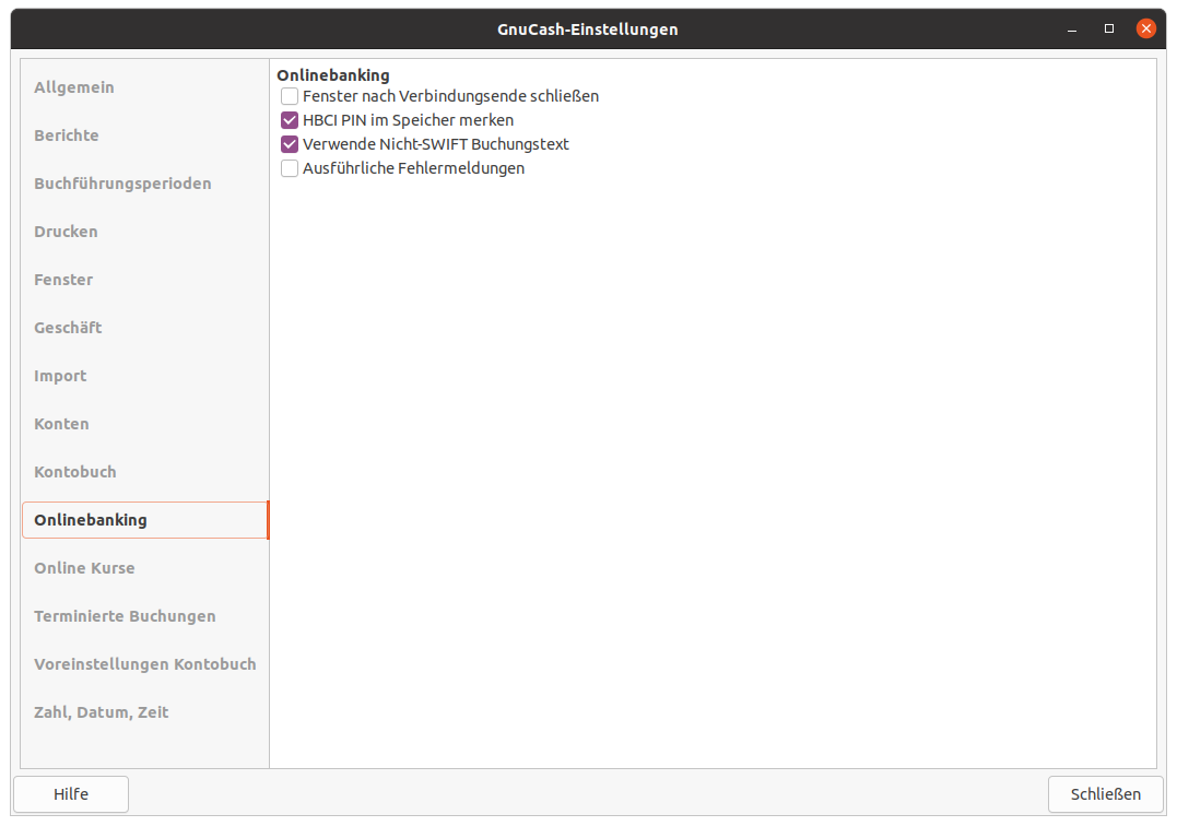 Die GnuCash-Einstellungen für das Onlinebanking