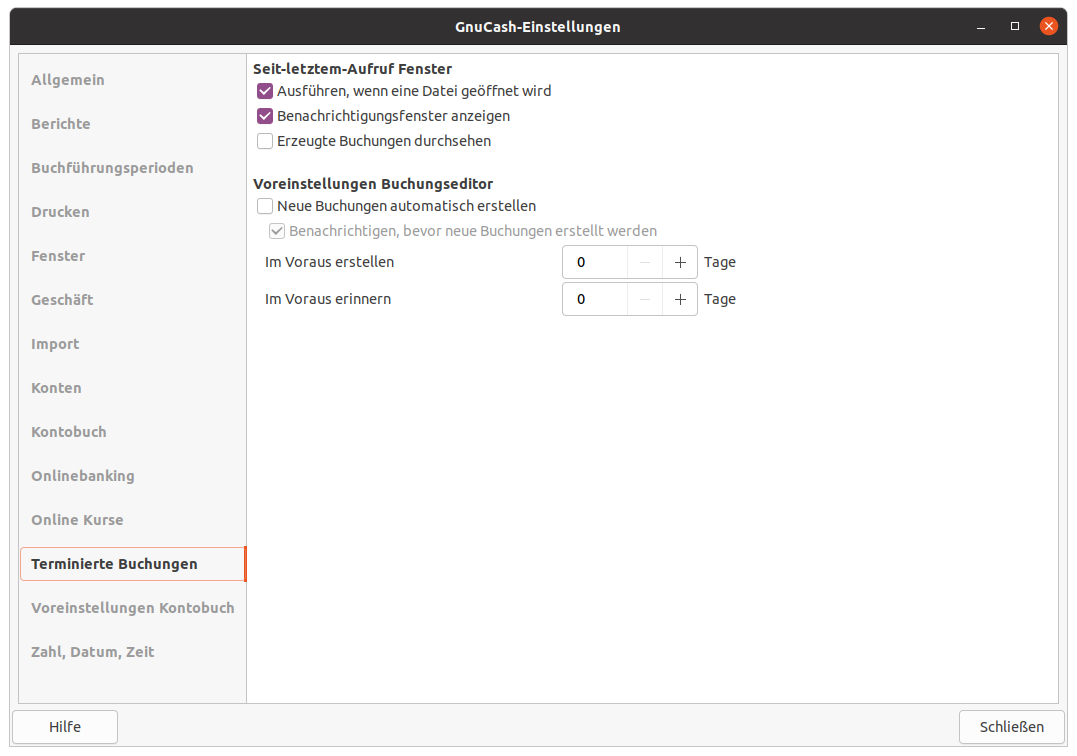 Die GnuCash-Einstellungen für Terminierte Buchungen