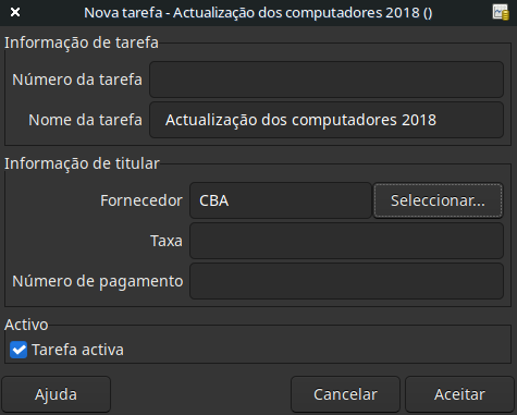 Nova tarefa de fornecedor