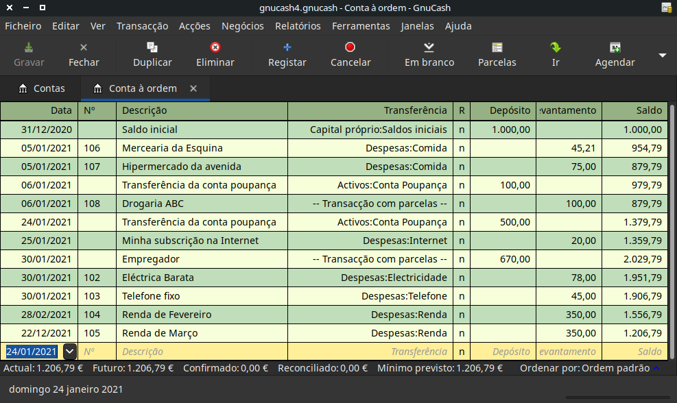 O diário da conta à ordem após registar mais alguns cheques