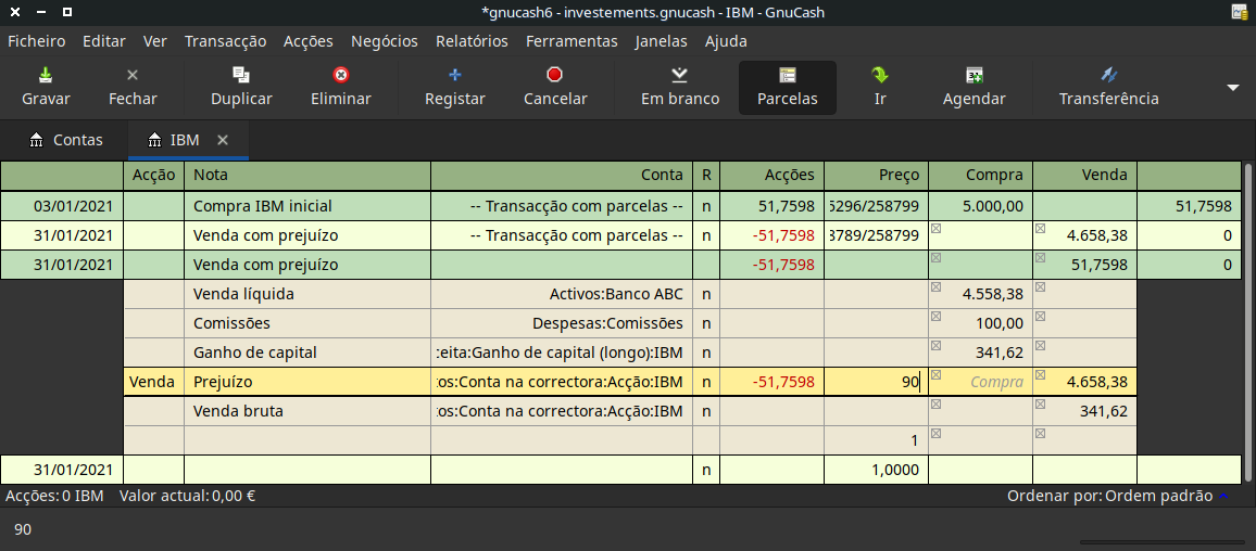 Exemplo de venda de acções com prejuízo