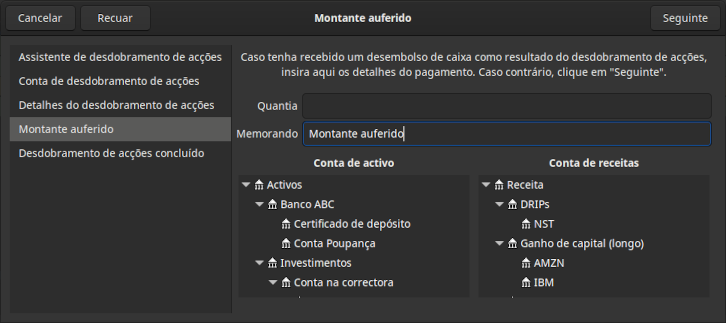 Passo 4 do assistente de desdobramento de acções - montante auferido